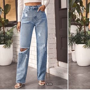 High waist Ripped Straight Leg Jeans